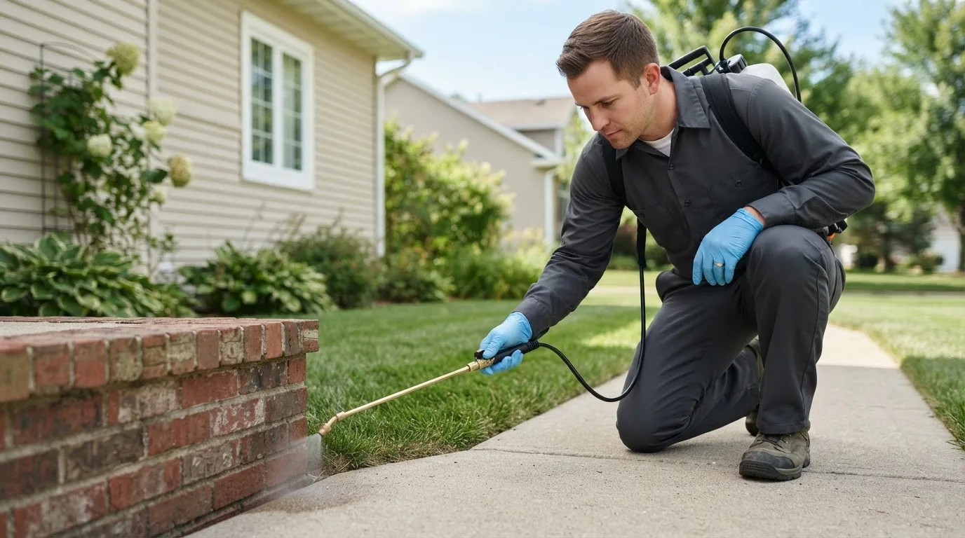 Pest control technician treating a home near Sandoval, IL