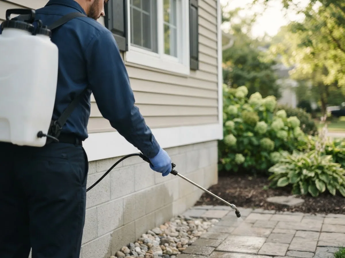 Pest control technician inspecting a home in Sandoval, IL